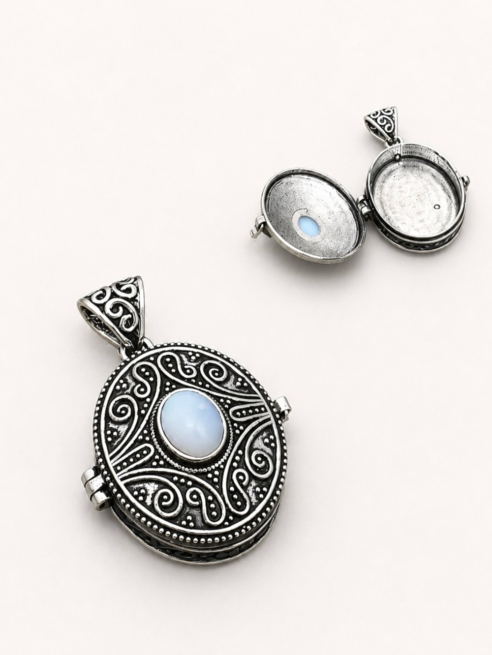 Vintage Design Opalite Poison Pill 925 Silver Locket 1.5” Pendant